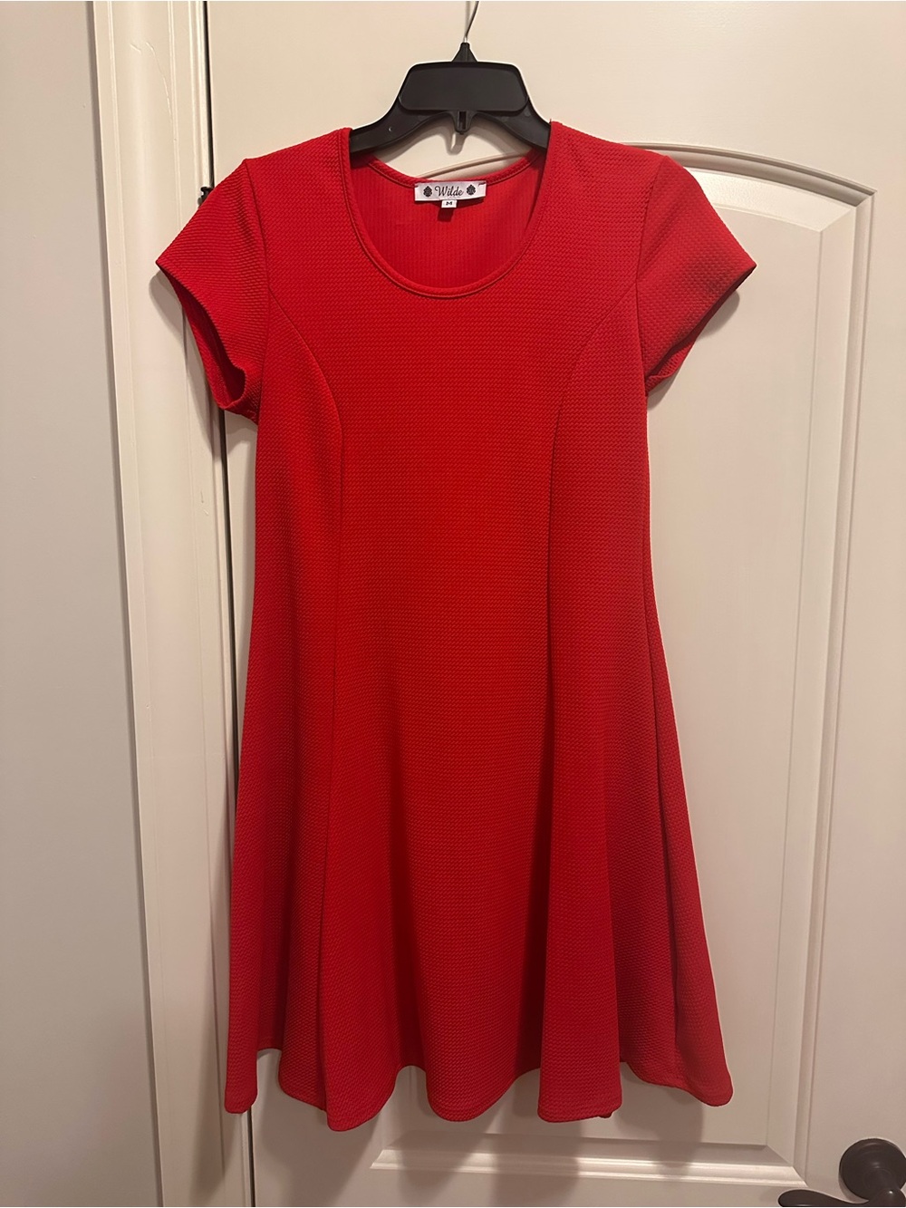 Red Short-Sleeve A-Line Knit Dress